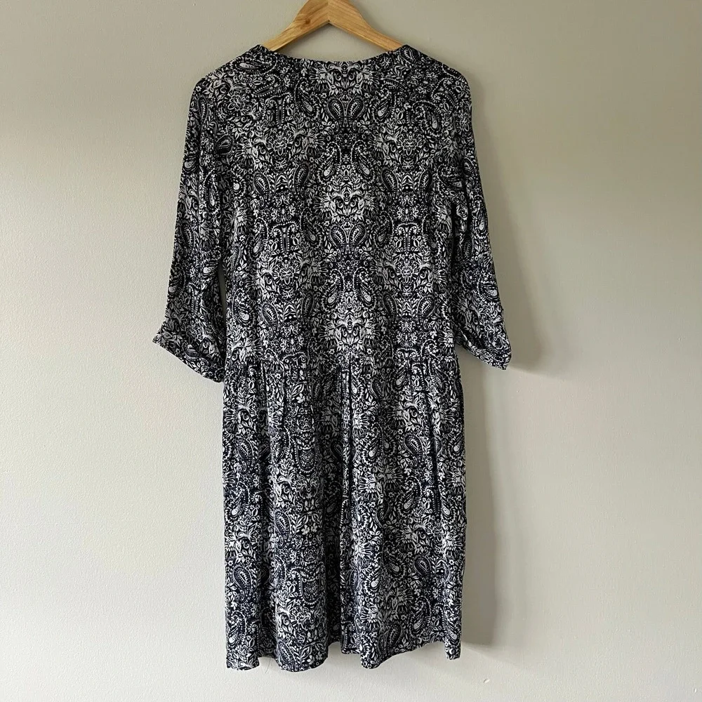 Garnet Hill Bohemian Pocket-Detail Dress Size 2 Navy Paisley Print‎ 3/4 Sleeve - Picture 7 of 9